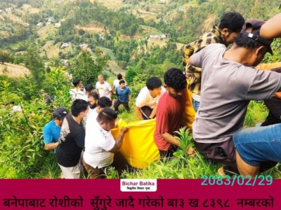 बनेपाबाट राेशीकाे  सुँगुरे जादै गरेको बा३ ख ८३९८  नम्बरको बस नमोबुद्ध -२ बुच्चाकोटमा दुर्घटना।
