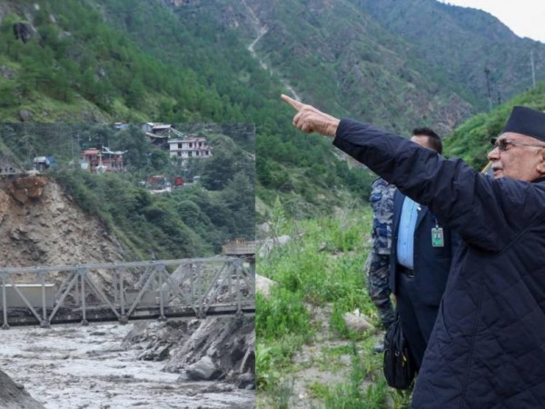 भाेटेकाेशीमा आएकाे बाढीले पुर्याएकाे क्षेतीकाे स्थलगत अवलोकन  गर्न पुगे प्रधानमन्त्री ओली रसुवा ।