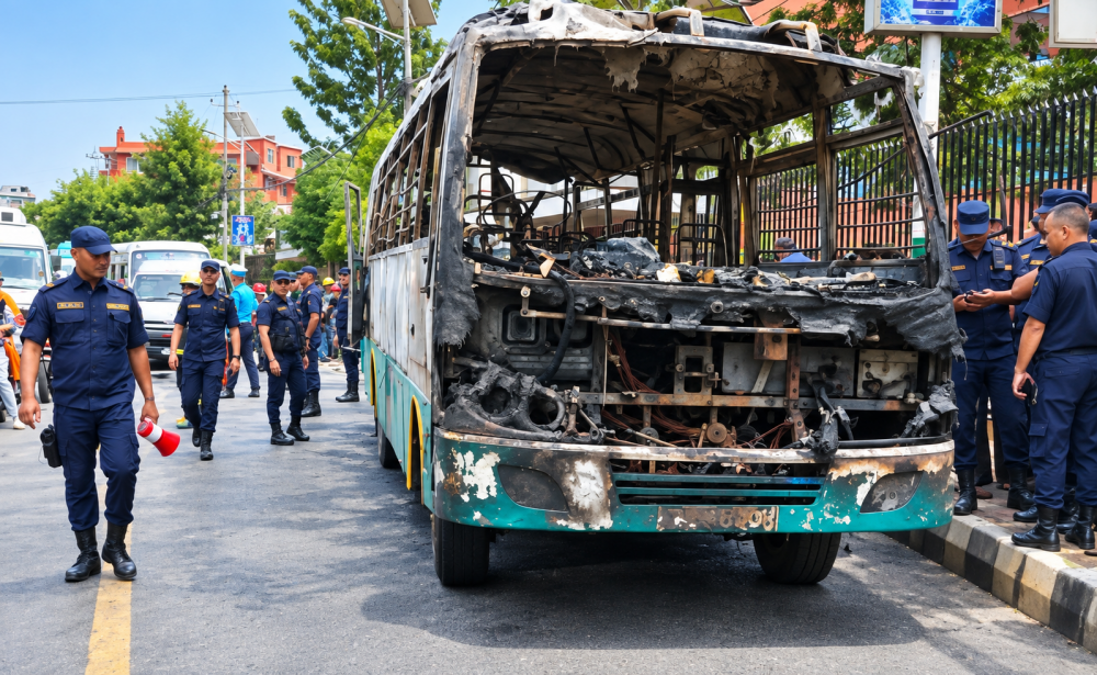 पुरेश्वरमा बसमा आगजनी, चालक गम्भीर घाइते